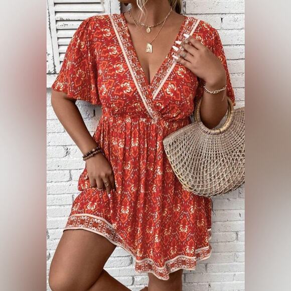 *NEW* Orange Red Floral Boho Women's Dress | Size 2X - Picture 1 of 8
